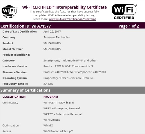 Samsung Z4 chạy giao diện Tizen đã được cấp chứng chỉ Wifi - 1