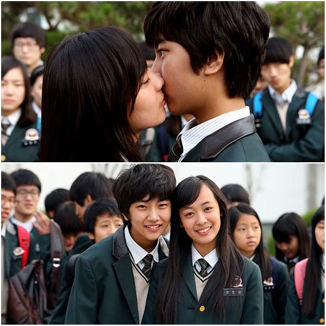Kim Chae Bin đóng cảnh hôn với Oh Jae Moo trong “Bachelor’s Vegetable Store”. Thời điểm đó, Kim vừa 14 tuổi còn Jae Moo 13 tuổi.