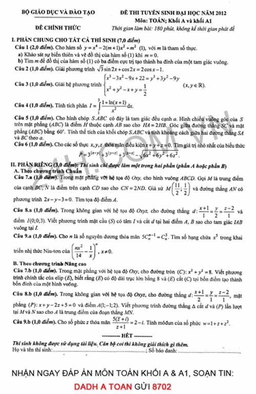 Đề thi đại học môn Toán khối A năm 2012 - 1