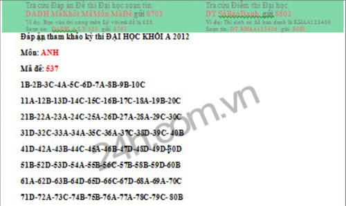 Đáp án tham khảo môn tiếng anh khối A1 - 3