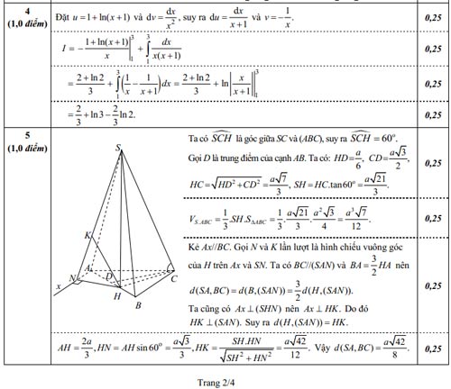 Đáp án chính thức các môn khối A, A1 - 4
