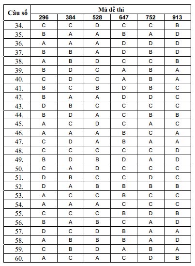 Đáp án chính thức các môn khối A, A1 - 14