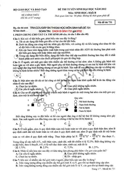 Đề thi đại học môn Sinh năm 2012 - 1