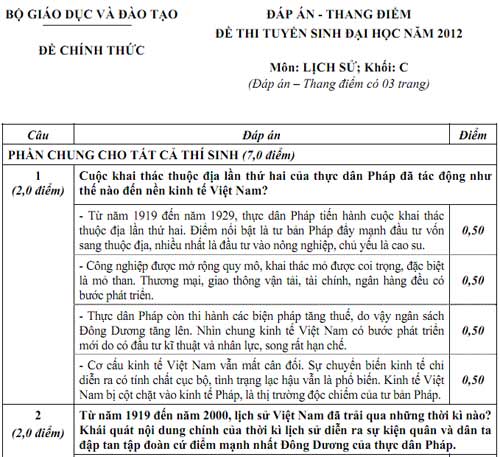 Đáp án chính thức khối C (tiếp) - 1