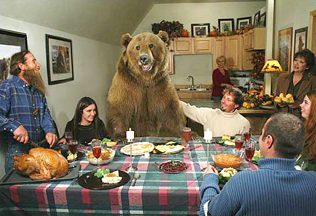 Hình ảnh tại gia đình Casey Anderson, ngôi sao của Expedition Grizzly. Con gấu cùng ngồi bàn ăn với họ có tên là Brutus Bear. Mục đích của Casey là muốn mọi người thấy rằng con gấu khổng lồ không phải là một quái vật ăn thịt người.