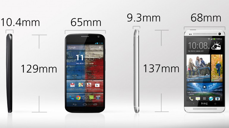 Kích thước của HTC One vẫn là hình mẫu lý tưởng về thiết kế, trong khi Moto X có phần hơi nhỏ hơn, nhưng cũng không ảnh hưởng nhiều