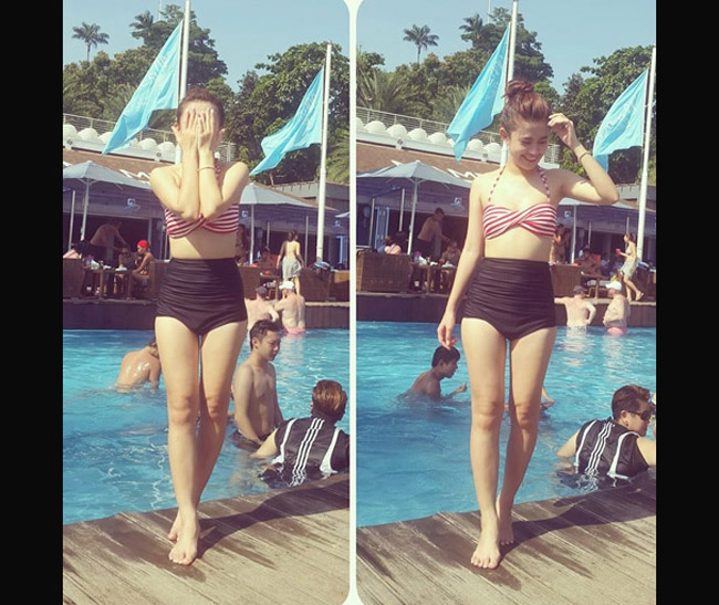 Nữ diễn viên Ngọc Thảo cũng sở hữu vóc dáng chuẩn khi diện bộ đồ tắm cạp cao sexy.
