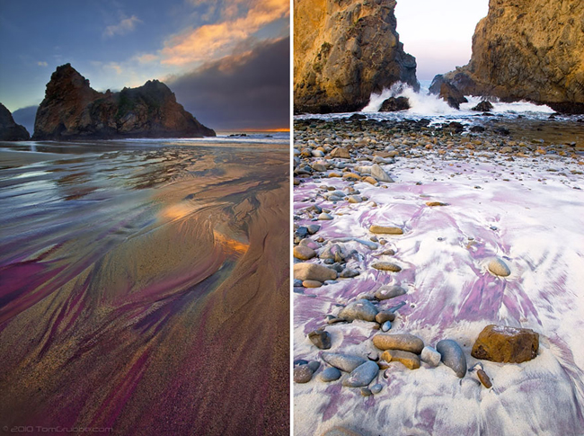 7. Bãi biển cát tím ở bang&nbsp;California (Mỹ): Màu tím của cát&nbsp;được hình thành&nbsp;do lớp&nbsp;garnet,&nbsp;mangan bị xói mòn&nbsp;từ&nbsp;các ngọn đồi xung quanh.
