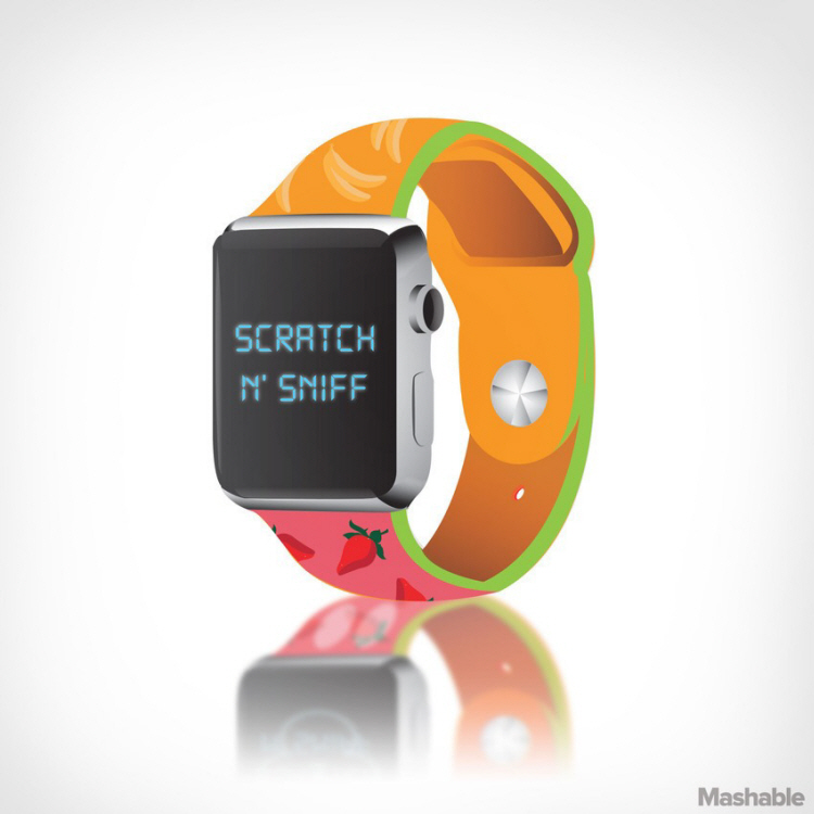 8. Scratch-and-sniff

Mặc dù phải nhiều tháng nữa Apple Watch mới có mặt trên thị trường, nhưng ngay lúc này đã xuất hiện nhiều mẫu dây đeo dành cho nó. Đây là những dây đeo độc đáo được thiết kế với ý đồ và khả năng sử dụng tùy tính huống, chẳng hạn dây đeo "dải ngân hà" khi được kết hợp với màn hình Apple Watch ở chế độ mặt trăng thì rất tuyệt vời.

Chiếc đồng hồ thông minh Apple Watch của "táo khuyết" dự kiến có giá từ 349 USD, bắt đầu được tung ra thị trường từ đầu năm 2015. Sản phẩm vừa được Apple giới thiệu tại sự kiện ra mắt cùng với iPhone 6 và iPhone 6 Plus.
