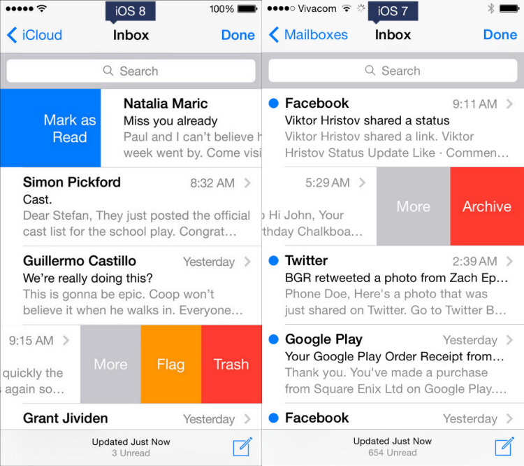 Sự khác biệt trong thiết kế giao diện của ứng dụng Mail trên iOS 8 và iOS 7.
