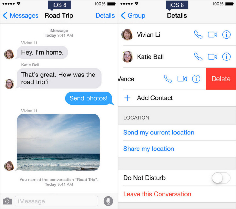 Có thể chọn chế độ im lặng trong một Group chat hoặc rời khỏi nhóm dễ dàng với iOS 8.
