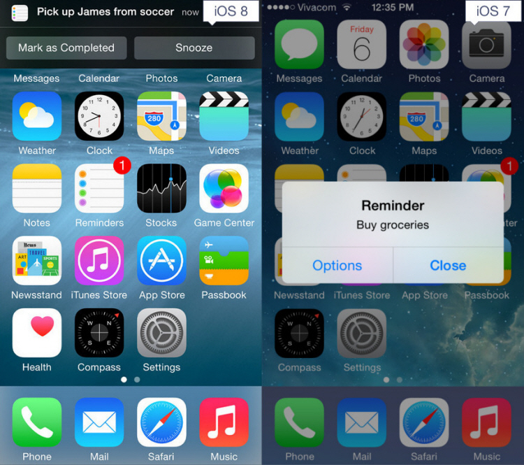 Khác biệt trong cách hiển thị thông báo giữa iOS 7 và iOS 8.
