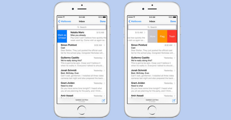Thay vì phải nhấn biểu tượng thùng rác cho từng email muốn xóa, nay bạn chỉ cần trượt tay qua một bên là đã có thể xóa bỏ các email rác. Tuy nhiên nếu bạn thực hiện lướt chậm một chút thì email sẽ được gắn cờ hoặc cho vào mục lưu trữ.

