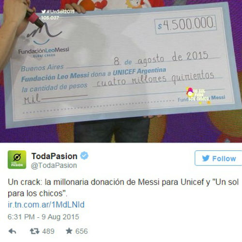 Tấm lòng của Messi: Làm từ thiện gần nửa triệu USD - 1
