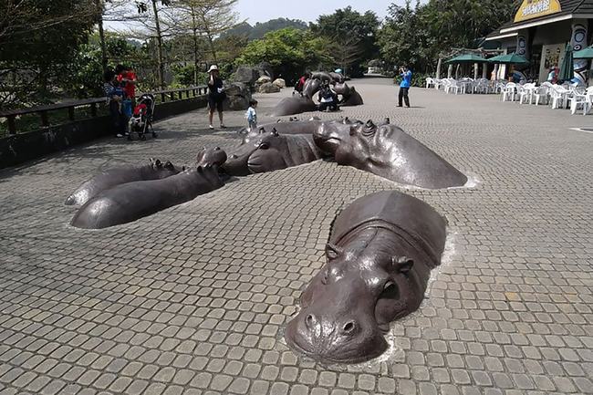 Tác phẩm điêu khắc đàn hà mã đang “bơi” giữa lòng đường này được đặt tại một vườn thú ở Đài Bắc, Đài Loan.