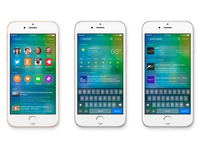 3. Tìm kiếm Spotlight: Tính năng tìm kiếm Spotlight trên iOS 9 mang đến một trải nghiệm hoàn toàn mối với màn hình full-screen hiển thị các gợi ý từ trợ lý ảo Siri, các số liên lạc gần nhất cùng các ứng dụng mà người dùng đã sử dụng ở các phiên trước đó. Ngoài ra, Spotlight còn đưa ra những đề nghị cho người dùng về những địa điểm quan tâm ở gần và dưới cùng là mục tin tức với các tiêu đề mà người dùng quan tâm.

Apple cũng tái khẳng định tại sự kiện rằng, mọi lịch sử tìm kiếm của người dùng sẽ được chính họ kiểm soát và chắc chắn rằng không được chia sẻ với bên thứ ba.