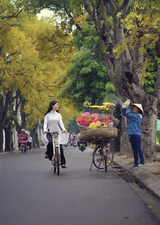 Thiếu nữ dịu dàng trong tà áo dài trắng tinh khôi, lãng đãng trên con phố thu Hà Nội