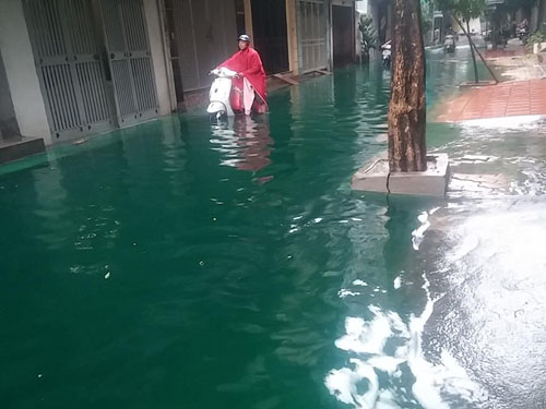 HN: Sau trận mưa đêm, nước xanh kì lạ tràn ra phố - 3
