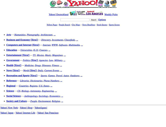 Trang Yahoo! năm 1996.

Vào tháng 1.1996, hai sinh viên Jerry Yang và David Filo ở Trường Đại học Standford đã tạo ra website này và đặt tên là “Jerry and David’s Guide to the World Wide Web” (tạm dịch: Hướng dẫn đến với thế giới web của Jerrry và David). 3 tháng sau đó, trang web được đổi tên thành Yahoo!.