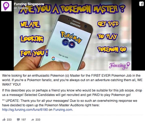 Singapore: Một công ty đăng tin tuyển cao thủ săn Pokémon - 1