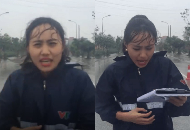 Thay vì quan tâm đến đặc tính công việc và thông tin cơn bão nữ MC đang truyền tải, nhiều người để ý đến khuôn mặt đẫm nước mưa và cuốn sổ ướt nhẹp cô cầm trên tay. 