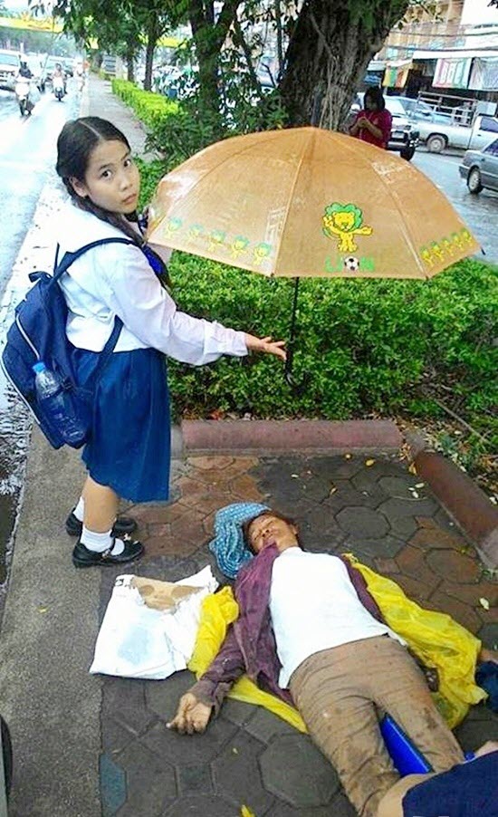 Cảm phục cô bé đứng dầm mưa che ô cho người gặp nạn - 1