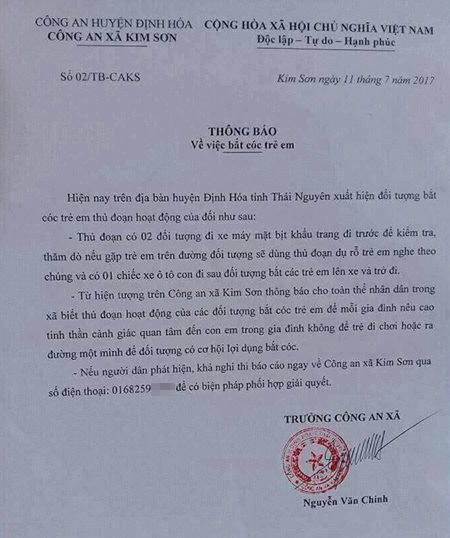 Tin đồn bắt cóc trẻ em ở Thái Nguyên: Xã thông báo có, huyện nói không - 1