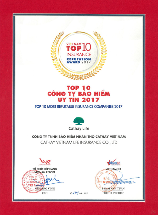Bảo hiểm nhân thọ Cathay Việt Nam đạt giải thưởng top 10 công ty bảo hiểm uy tín năm 2017 - 1
