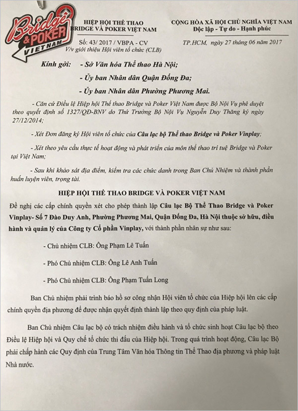Vinplay trở thành hội viên Câu Lạc Bộ thể thao Bridge & Poker - 1