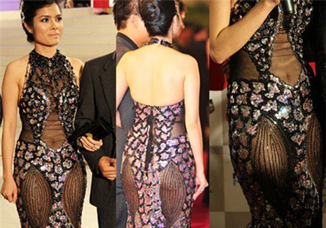 Nữ diễn viên Kiều Thanh với chiếc váy xuyên thấu gây sốc trên thảm đỏ liên hoan phim cũng từng là đề tài gây tranh cãi.