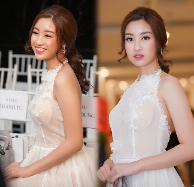 Hoa hậu Mỹ Linh vô tình để lộ miếng dán ngực khi mặc váy mỏng tang. 