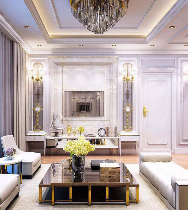 Phòng khách được thiết kế sang trọng và hiện đại với gam màu trắng và vàng kim là chủ đạo.