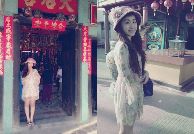 Lương Bích Hữu bị chỉ trích vì mặc váy hoa lòe loẹt khi đến chùa cầu an.