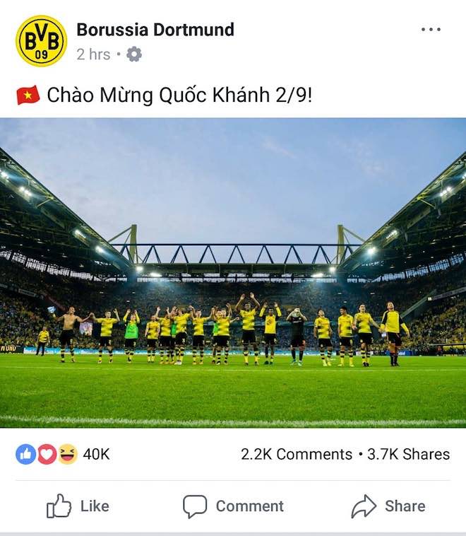 Bất ngờ nhận hàng loạt lời chúc mừng Quốc khánh 2/9 từ Dortmund, Bayern, Arsenal, Chelsea... trên Facebook - 1