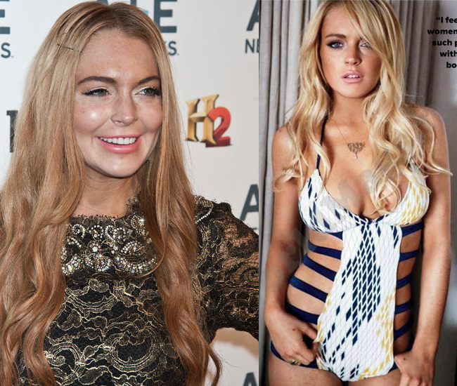Showbiz thế giới có Lindsay Lohan (sinh năm 1986). 2 hình ảnh đối lập giữa ngoài đời và shoot hình được photoshop trên các tạp chí.
