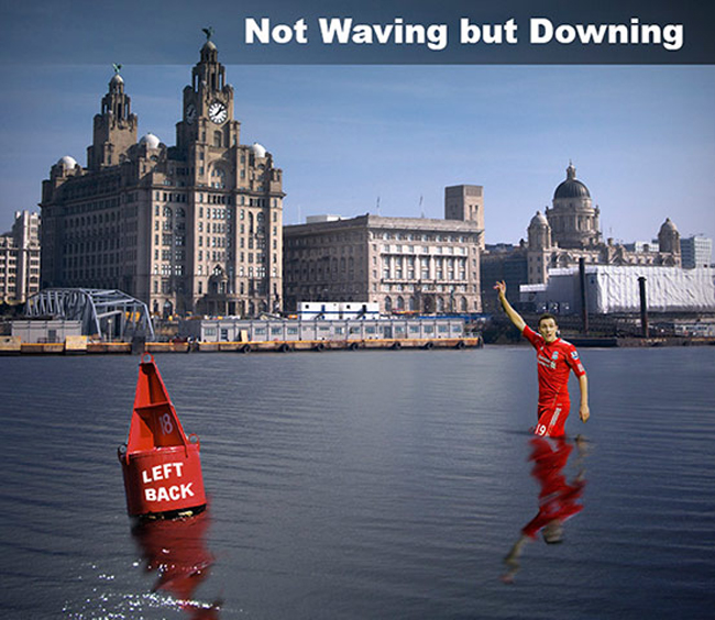 2 bức ảnh chế theo bài thơ nổi tiếng Not Waving But  Drowning của Stevie Smith: Downing đang dần chết chìm tại Anfield. Giờ đây anh phải xuống chơi ở vị trí hậu vệ trái còn hơn là ngồi mãi trên băng ghế dự bị.
