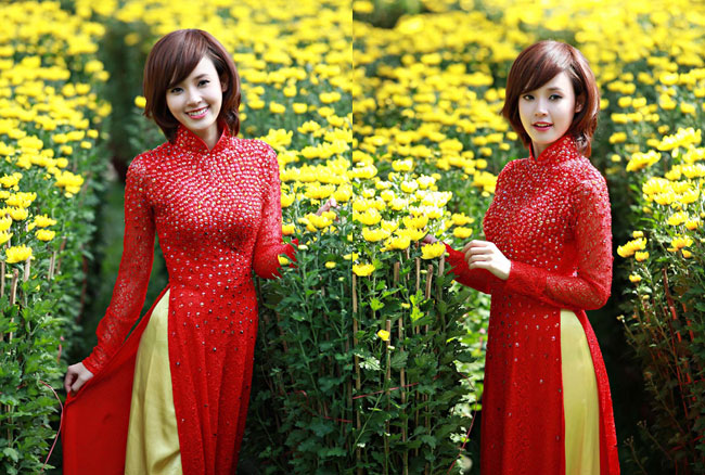 Tài năng mới của làng điện ảnh Việt, Hotgirl Midu khoe vẻ trẻ trung, xinh tươi trong tà áo dài đỏ ngày xuân.
