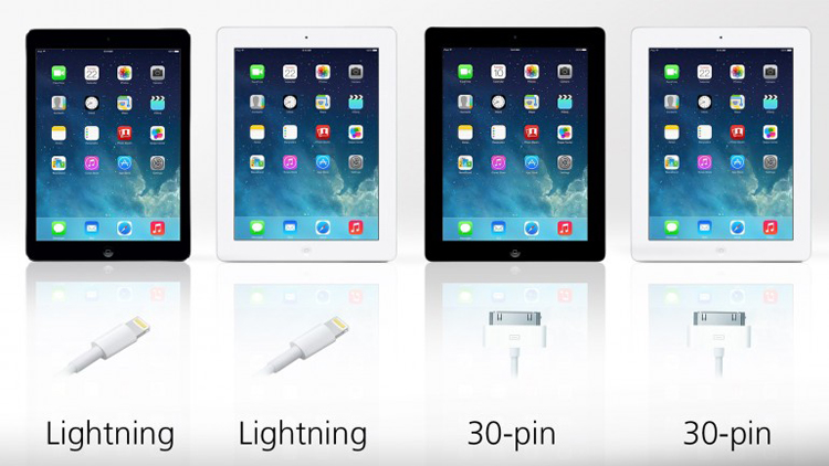 iPad Air và iPad 4 đều sử dụng cổng/cáp kết nối Lightning. Đây là cổng kết nối 8-pin - có nghĩa là nó nhỏ hơn rất nhiều so với cổng 30-pin Apple đã sử dụng cho các dòng iPhone, iPad và iPod ra đời trước đó.

Cũng như cổng kết nối 30 chân, cổng kết nối Lightning dùng để sạc các thiết bị, đồng bộ nội dung, dữ liệu và là đầu ra cho âm thanh và video. Các thiết bị mới sẽ có cáp USB 2.0 kết nối với Lightning.

Theo Apple, cổng Lightning có những lợi ích sau:

Nhỏ hơn rất nhiều so với cổng thế hệ trước (chính xác là 80%). Điều đó có nghĩa Apple có thể tối ưu linh kiện hơn trong chiếc điện thoại iPhone 5,

Nhanh hơn: Apple cho biết dữ liệu sẽ truyền nhanh hơn qua cáp mới này.

Thuận tiện: Bạn sẽ không phải chú ý mặt nào ở phía trên khi cắm cáp.
