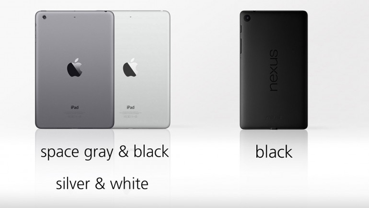 iPad Mini 2 mang đến nhiều lựa chọn về màu sắc cho người sử dụng, trong khi Nexus 7 2013 chỉ đơn điệu với màu đen
