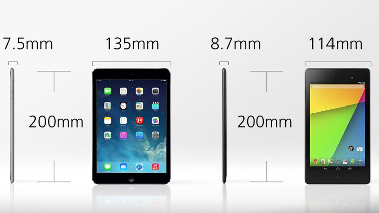 Nexus 7 2013 có trọng lượng nhẹ hơn hẳn so với đối thủ là do lớp vỏ làm bằng nhựa. Nhưng kích thước lại dài hơn và kém sang trọng hơn.
