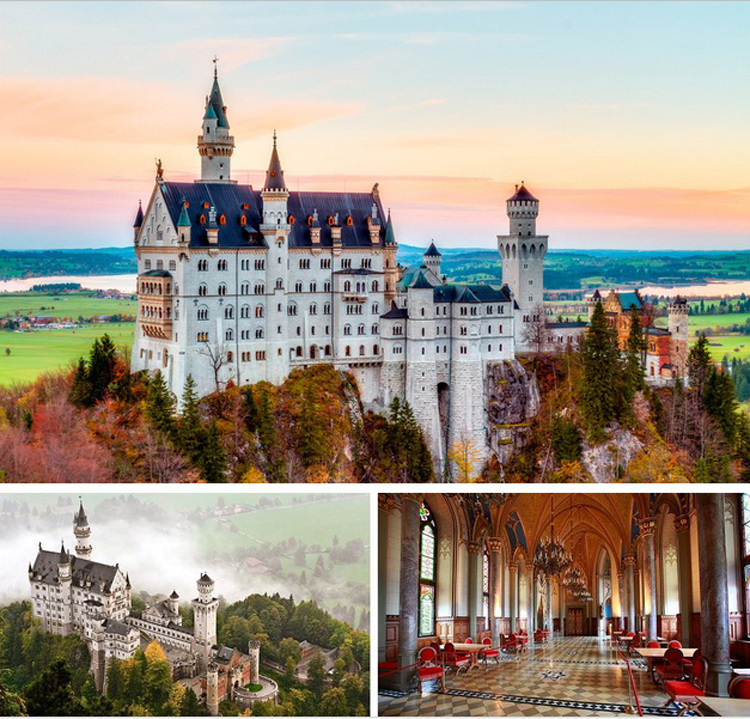 1. Lâu đài Neuschwanstein, Đức

Vua Ludwig II của xứ Bavaria đã xây dựng lâu đài tráng lệ mang tên Neuschwanstein này vào năm 1886, làm nơi ở ẩn của mình. Bảy tuần sau khi ông qua đời, vào năm 1886, lâu đài được mở cửa cho dân chúng thăm quan và từ đó Neuschwanstein trở thành một trong những lâu đài được thăm quan nhiều nhất ở Châu Âu. Lâu đài này cũng là nguồn cảm hứng để Disneyland thiết kế lâu đài của Nàng công chúa ngủ trong rừng.
