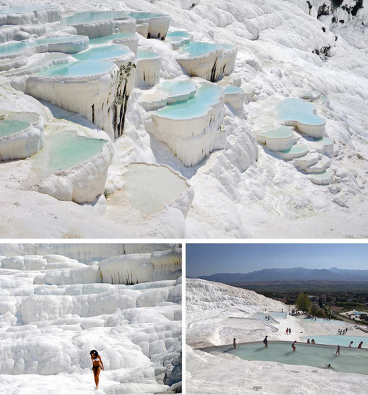 14.&nbsp;Pamukkale, Thổ Nhỹ Kỳ

Pamukkale hay còn gọi là Lâu đài bông, là một địa điểm hoàn toàn tự nhiên nằm ở phía Nam Thổ Nhỹ Kỳ. Nơi đây nổi tiếng với dòng suối nước nóng chứa carbonate, giúp cơ thể thư giãn.
