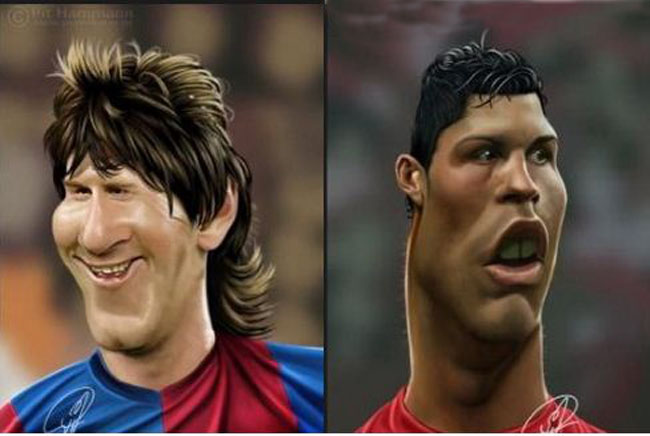 Ảnh biếm họa gương mặt Messi và Ronaldo.
