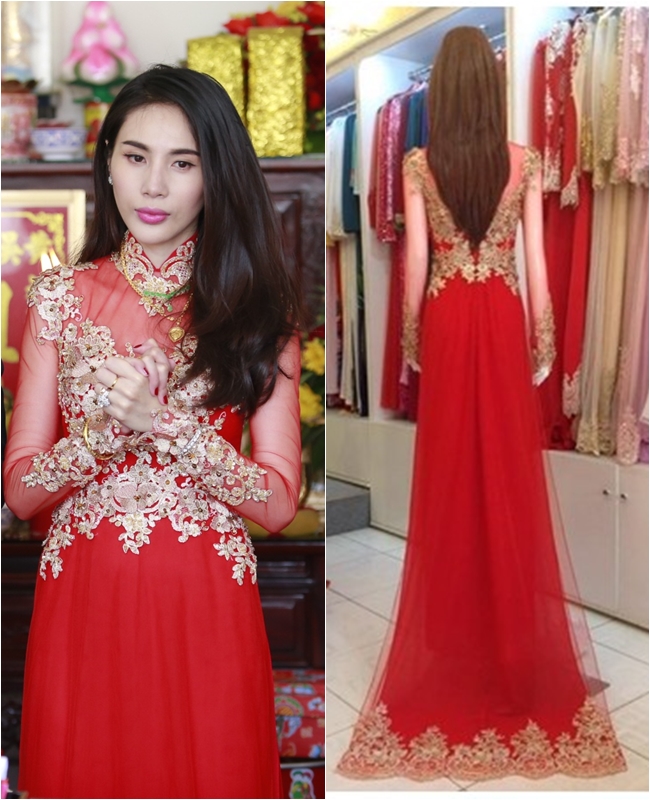 Đỏ, vàng là hai màu truyền thống Việt Nam nên dù chiếc áo dài được cách điệu tôn vẻ gợi cảm, hiện đại nhưng vẫn không làm mất đi sự dịu dàng, nữ tính.
