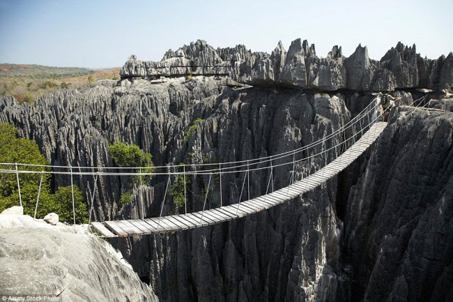 Những người yếu tim chắc chắn không dám đi qua cây cầu treo bằng gỗ này ở vườn quốc gia Tsingy de Bemaraha ở Madagascar.