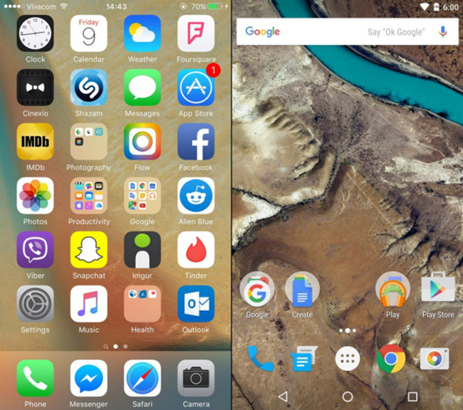 Giao diện hiển thị danh sách ứng dụng của iOS 9 (bên trái) và Android 6.0 (bên phải). Để mở danh sách ứng dụng đầy đủ trên Android 6.0, người dùng phải nhấn thêm vào biểu tượng màu trắng ở cạnh dưới màn hình.