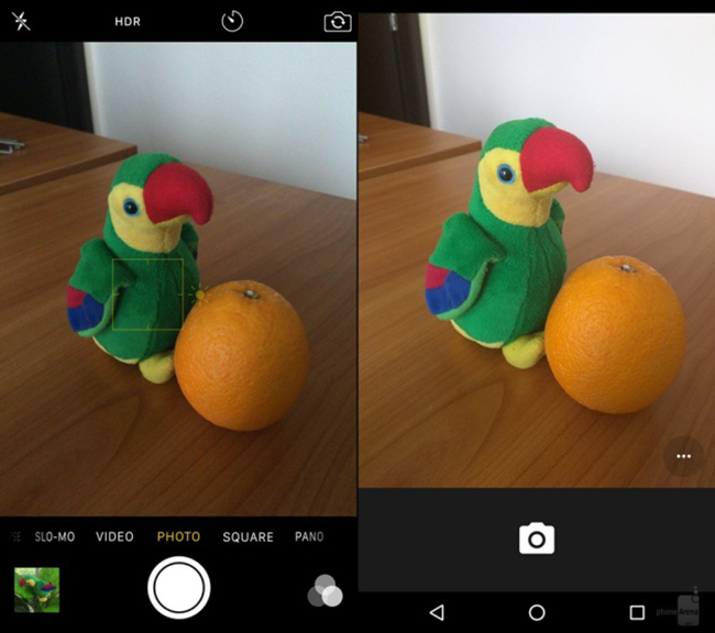 Giao diện ứng dụng camera mặc định của hai hệ điều hành gốc.