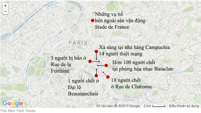 6 địa điểm bị khủng bố tấn công tại thủ đô Paris tối 13.11.