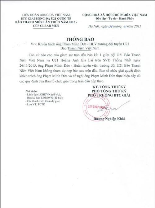 BTC giải khiển trách HLV Phạm Minh Đức - 2