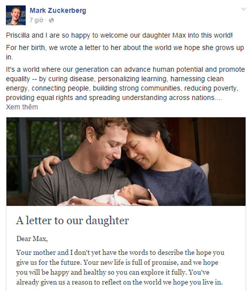 Ông chủ Facebook đón con gái bằng tâm thư hiến tài sản - 1